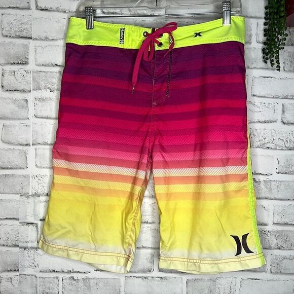 Hurley Neon Striped Bathing Suit Swim Trunks Shorts Size 30 - Picture 1 of 5